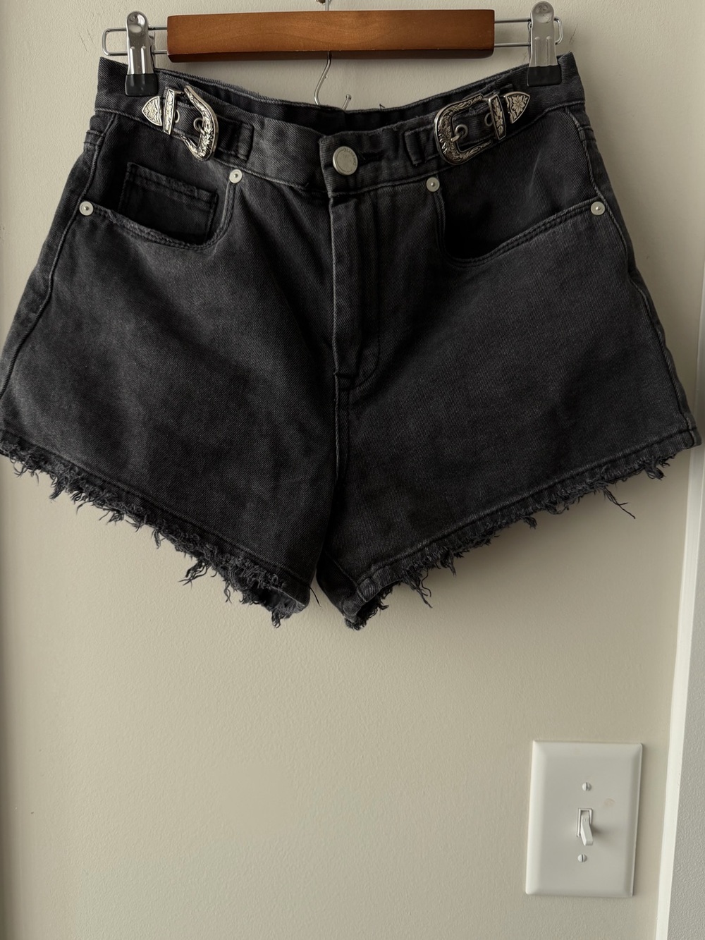 Blank NYC Black Frayed Hem Western-Accent Denim Shorts